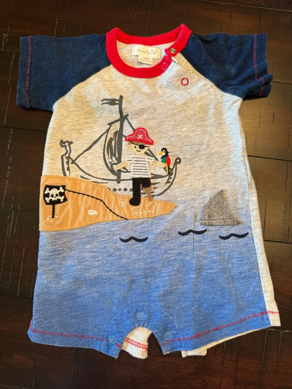mud pie Pirate Applique Short Sleeve One-Piece in Navy/Gray/Red 6-9 month